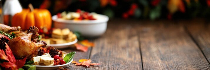 A sumptuous Thanksgiving feast is beautifully set on a wooden table, complete with a roasted turkey, sides, pumpkins, and colorful autumn decorations enhancing the festive atmosphere.