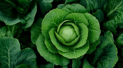Fototapeta premium A cinematicstyle photograph of a green vegetable with intricate ridges and a matte surface surrounded by vegetables in shades of emerald olive and lime green The vegetables are densely arranged creati