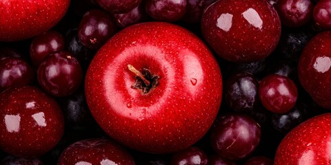 A cinematicstyle photograph of a matte red fruit with natural folds combined with fruits in shades of burgundy crimson and terracotta The fruits are tightly packed in a dense compact cluster with mini