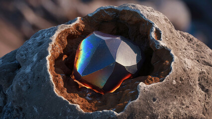 Photorealistic 3D render of a gemstone embedded in volcanic rock, intricate textures and light reflections