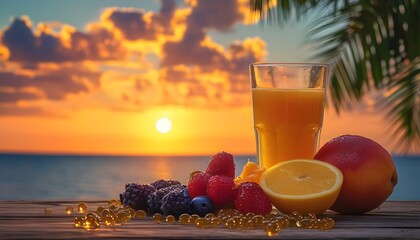 Vibrant still life of juice and fresh fruit illuminated by a stunning sunset