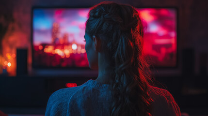 Fototapeta premium A woman is sitting in front of a television with a city scene on the screen. She is wearing a gray sweater and has her hair in a ponytail