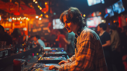 Fototapeta premium A man is playing music at a bar. The bar is crowded with people. The man is smiling and seems to be enjoying himself