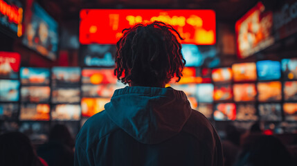 Fototapeta premium A man stands in front of a television screen with a red background. The television screen is filled with many different images, and the man is watching them. Scene is one of curiosity and fascination
