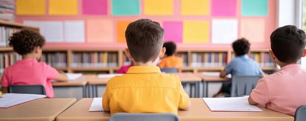 A classroom filled with colorful posters, bookshelves, and engaged students working on an assignment, classroom, posters, students