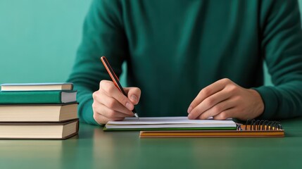 A high school student taking notes during a lecture, with books and stationery on their desk, student, taking notes, lecture