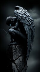 A haunting image of a fallen angel with dark tattered wings kneeling on the edge of a cliff The angels expression is one of sorrow with glowing eyes looking down at the earth below Stormy clouds and l