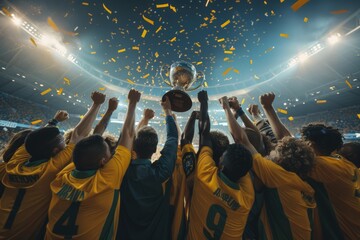 Sports Team Celebrates Victory With Trophy and Confetti in Stadium
