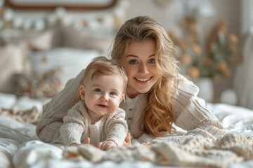Obraz premium Mother and baby in the bedroom