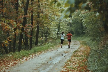 Obraz premium Couple Running Through Autumn Forest