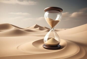 Flowing sand in the hourglass with a dramatic sky background. Time passing concept
