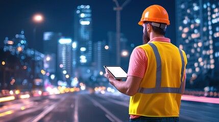 Construction Worker Examining Tablet on Illuminated Urban Highway at Night