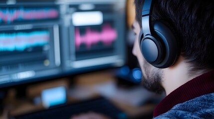 Audio Inspector Reviewing Video Footage Using Headphones and Editing Software