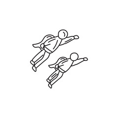 Two stick figures flying in the air with capes, symbolizing teamwork, superheros, ambition, goals, leadership.  Concept of success and overcoming obstacles.