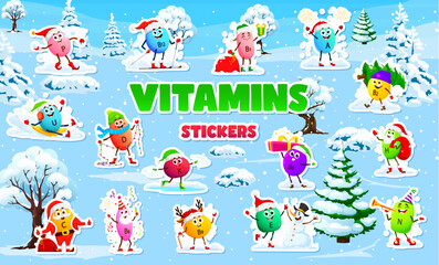 Cartoon vitamin and micronutrient characters stickers pack. Colorful supplement capsules enjoying winter wonderland, and outdoor Christmas holiday activities, emphasizing health, nutrition, and joy