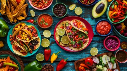 Fototapeta premium Colorful Latin American Feast with Tacos, Tamales, and Fresh Fruits