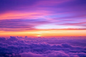 Fototapeta premium sunset cloudscape Panoramic with rich purple and pink tones blending into orange at horizon, tranquil evening sky view, natural dusk setting, soft wispy cloud formation, twilight backdrop, ai