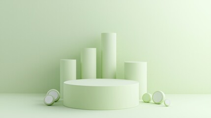 Minimalist display scene featuring green cylinders and circles on a soft green backdrop, ideal for product showcases.