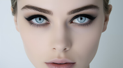 Fototapeta premium Close-up photo of a young woman's face light blue eyes Apply dark black eyeliner and a nude lip color.