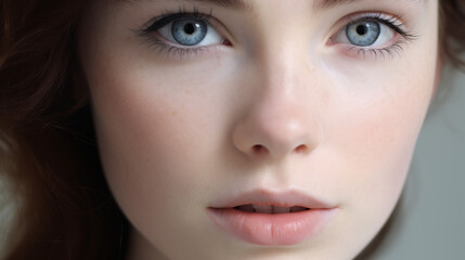 Fototapeta premium A close up of the girl's straight face, white skin, blue eyes, both eyes wearing eye shadow.