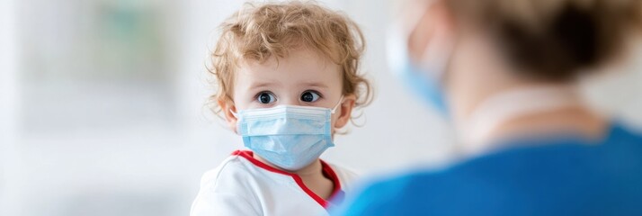 A healthcare worker, wearing a blue uniform and a face mask, attentively interacts with a small child, emphasizing care, trust, and the importance of healthcare services.