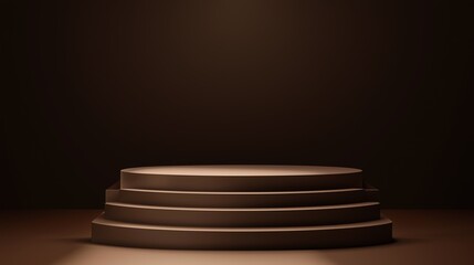 A minimalist podium scene with layered steps, illuminated softly against a dark background, ideal for showcasing products or awards.