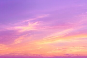 Fototapeta premium sunset cloudscape Panoramic with rich purple and pink tones blending into orange at horizon, tranquil evening sky view, natural dusk setting, soft wispy cloud formation, twilight backdrop, ai