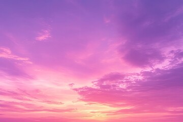 Obraz premium sunset cloudscape Panoramic with rich purple and pink tones blending into orange at horizon, tranquil evening sky view, natural dusk setting, soft wispy cloud formation, twilight backdrop, ai