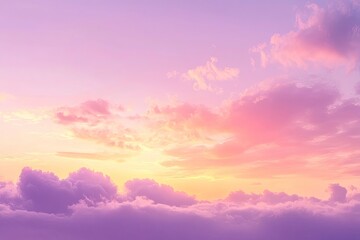 Fototapeta premium sunset cloudscape Panoramic with rich purple and pink tones blending into orange at horizon, tranquil evening sky view, natural dusk setting, soft wispy cloud formation, twilight backdrop, ai