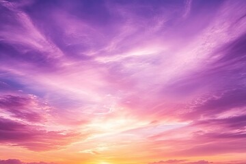 sunset cloudscape Panoramic with rich purple and pink tones blending into orange at horizon, tranquil evening sky view, natural dusk setting, soft wispy cloud formation, twilight backdrop, ai