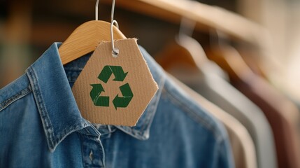 Eco-friendly tag on recycled denim shirt