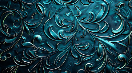 Elegant teal blue 3d floral design with metallic sheen.