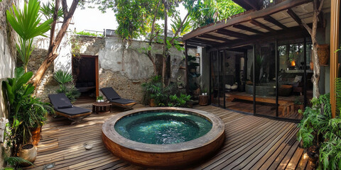 Round pool surrounded by a wooden deck in the garden of an old house, generative AI