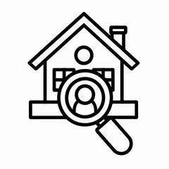 This icon features a house illustration with a magnifying glass focusing on a person, symbolizing the process of searching for homes or real estate