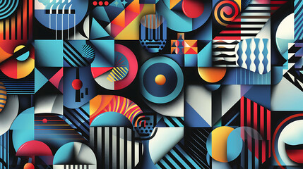 Colorful geometric abstract background with overlapping shapes and patterns.