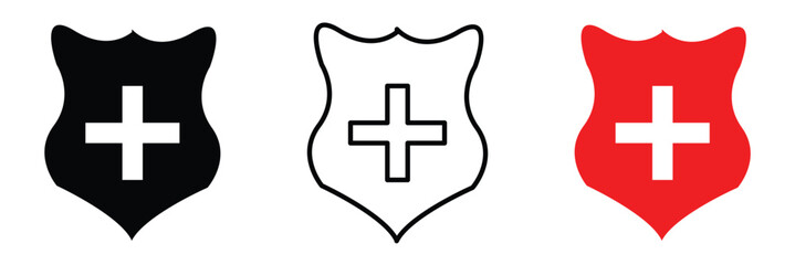 Health shield icon with safety check badge plus vector. Secure plus mark for quality guard guarantee. Isolated protect plus for medical business or antivirus warranty emblem design in eps 10.