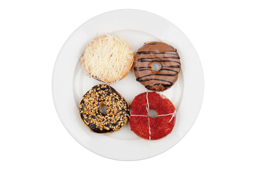Collection of donuts on a white plate isolated transparent
