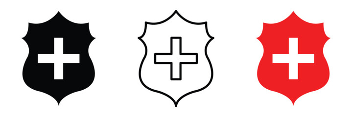 Health shield icon with safety check badge plus vector. Secure plus mark for quality guard guarantee. Isolated protect plus for medical business or antivirus warranty emblem design in eps 10.