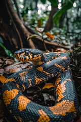 Fototapeta premium Snake shedding its skin on a forest floor 
