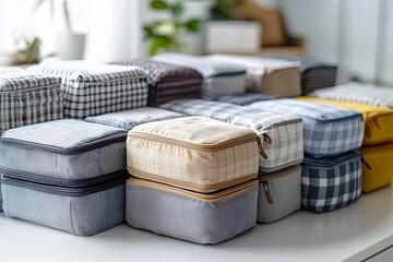Set of packing cubes neatly arranged on a white surface
