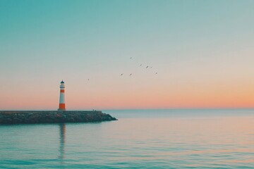 Minimalist Serene Lighthouse by the Sea with Seagulls and Calm Waters