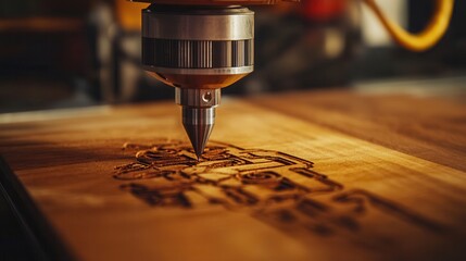 A close-up of a wood engraving machine in action, creating intricate designs on a wooden surface.