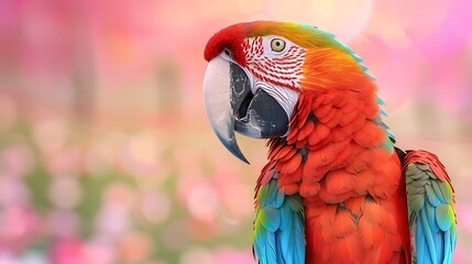 Fototapeta premium Colorful Scarlet Macaw Parrot Close Up with Pink Background