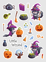 Little wizard stickers sheet with black cat in witch's hat, cauldron, pumpkins, magic ball and witchcraft images. Vector illustration set.