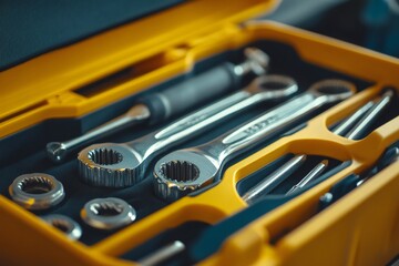 Fototapeta premium Close-up of toolbox with various tools, yellow color focus with shallow depth of field
