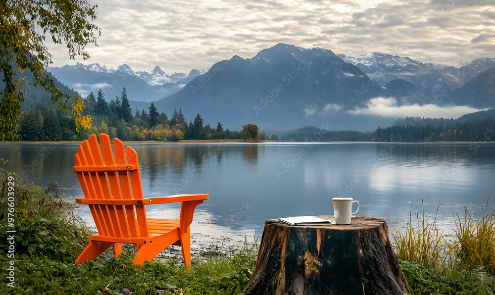 Wall mural Adirondack chair overlooking a calm lake with snow-capped mountains in the distance.