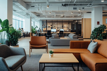 Co-working space with shared desks and a casual seating area
