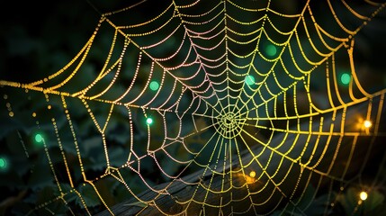 Intricate spider web silhouette illuminated by green and yellow lights, dark wall, Halloween setting.