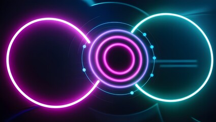 A sleek, modern technology background showcasing concentric neon circles over a deep, dark background. The circles glow in bright shades of neon purple, pink, and blue, with neon dots orbiting