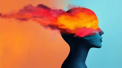 Surreal human silhouette with colorful clouds of thought and imagination.